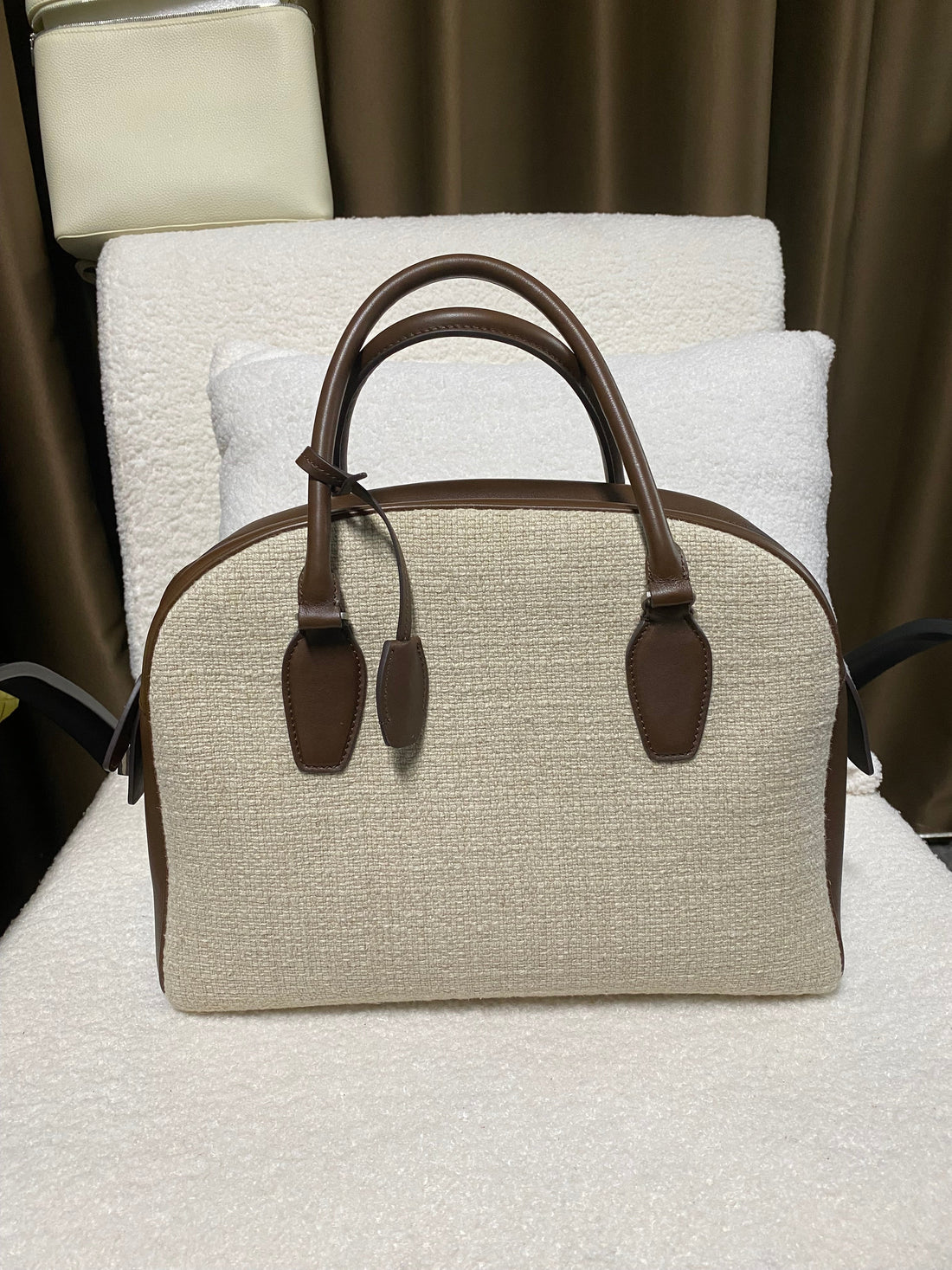 Woven linen dome handbag with full-grain calf leather trim