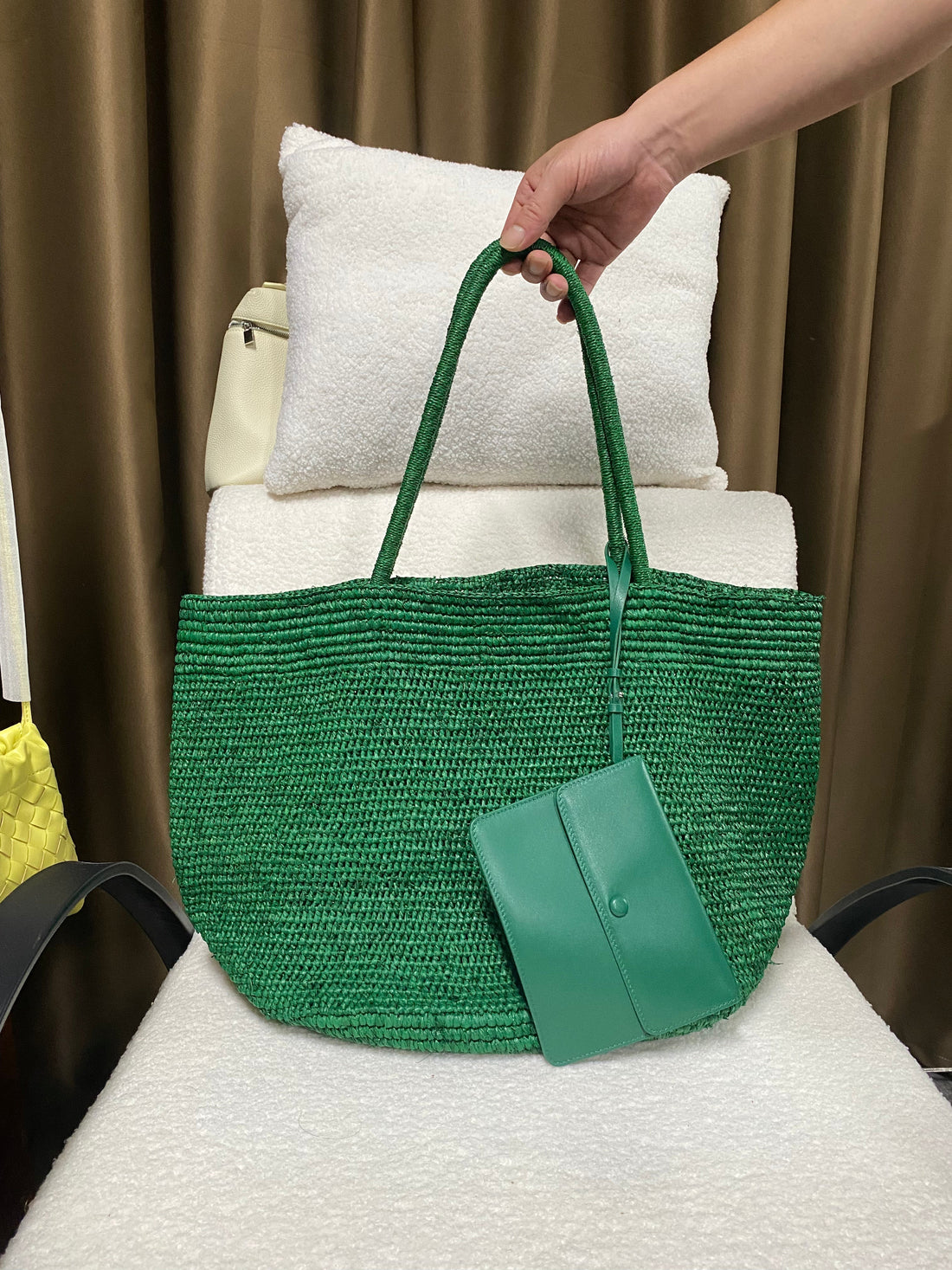 Green natural raffia tote with genuine lambskin trim and matching leather pouch by Coolbaggz