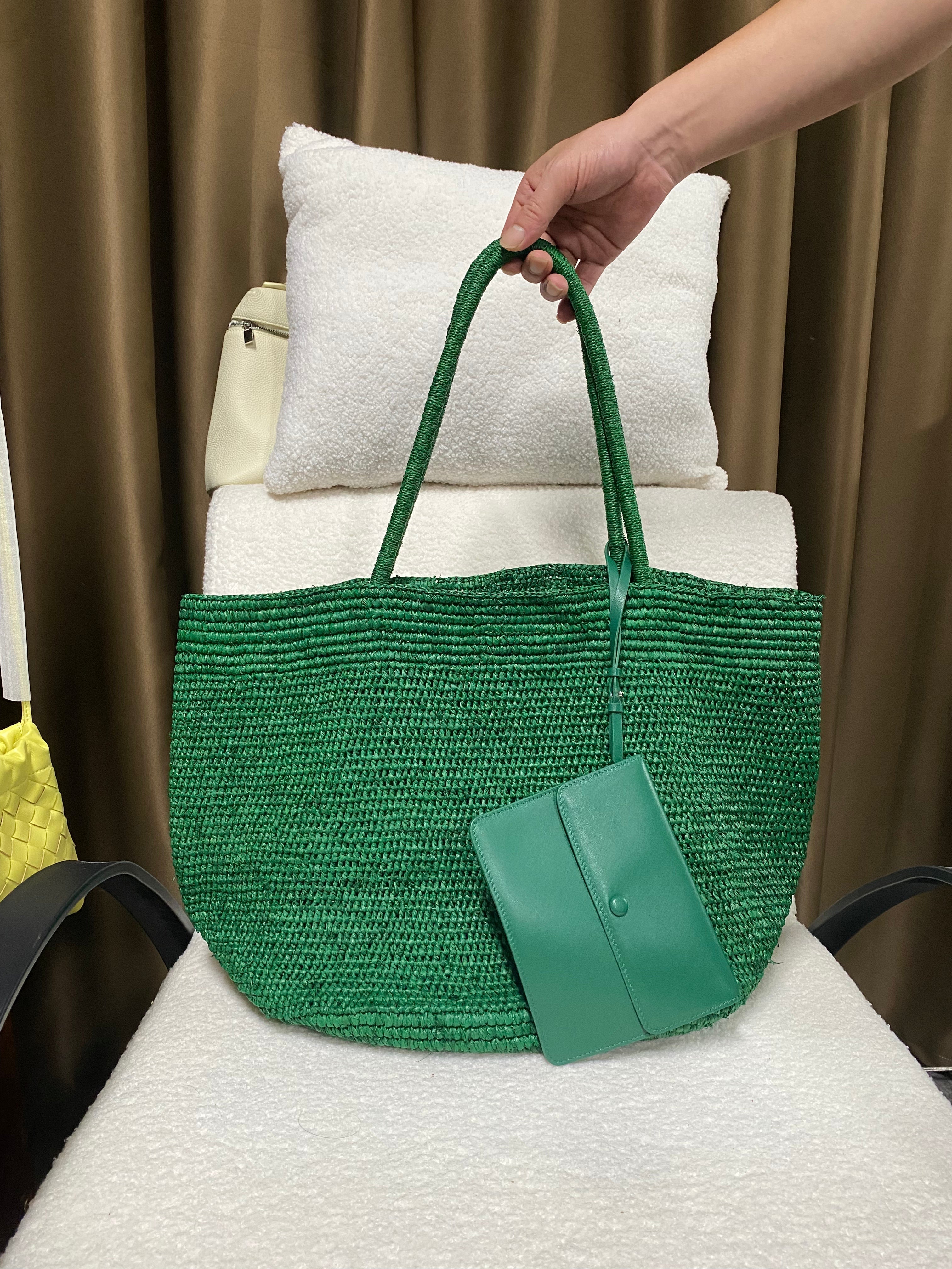 Green natural raffia tote with genuine lambskin trim and matching leather pouch by Coolbaggz