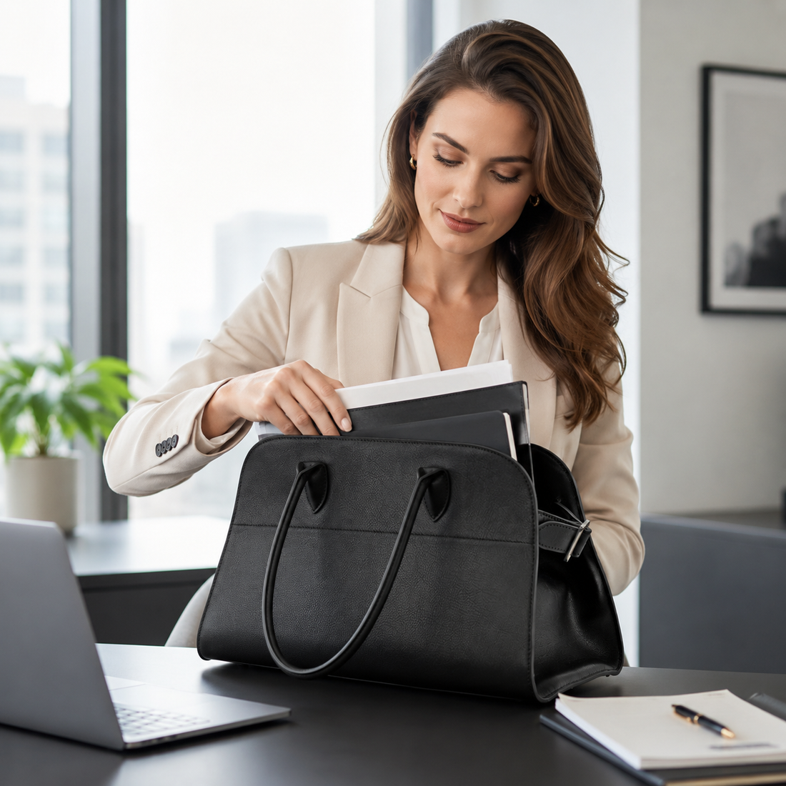 Women's leather work bag styled for a professional commute