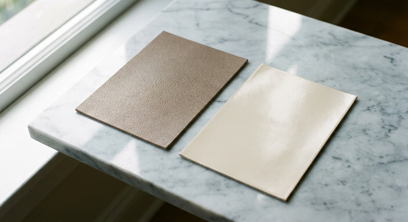Two calfskin leather swatches — one embossed and one smooth — displayed side by side on a marble surface in soft natural light, highlighting their contrasting textures.