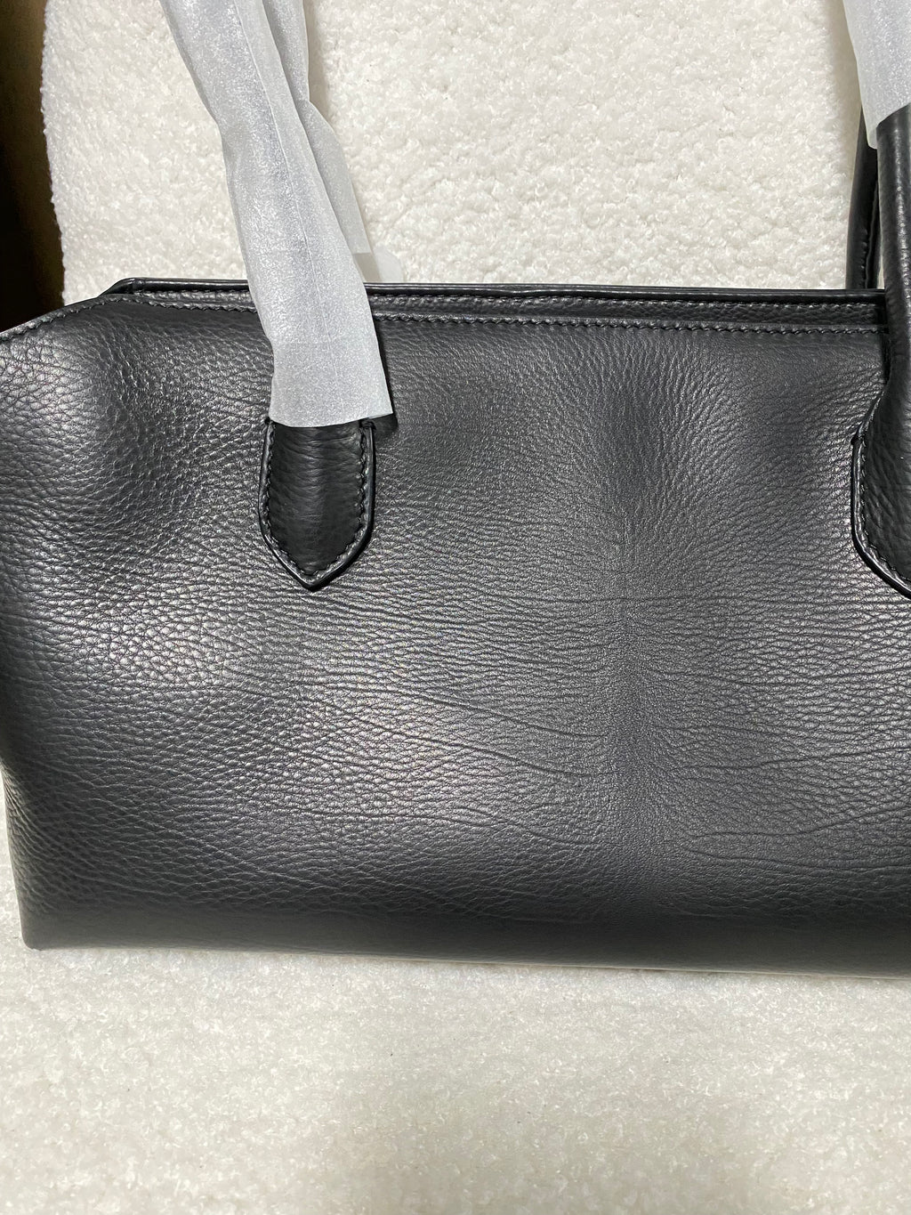 Black calfskin shoulder tote back view with double handles