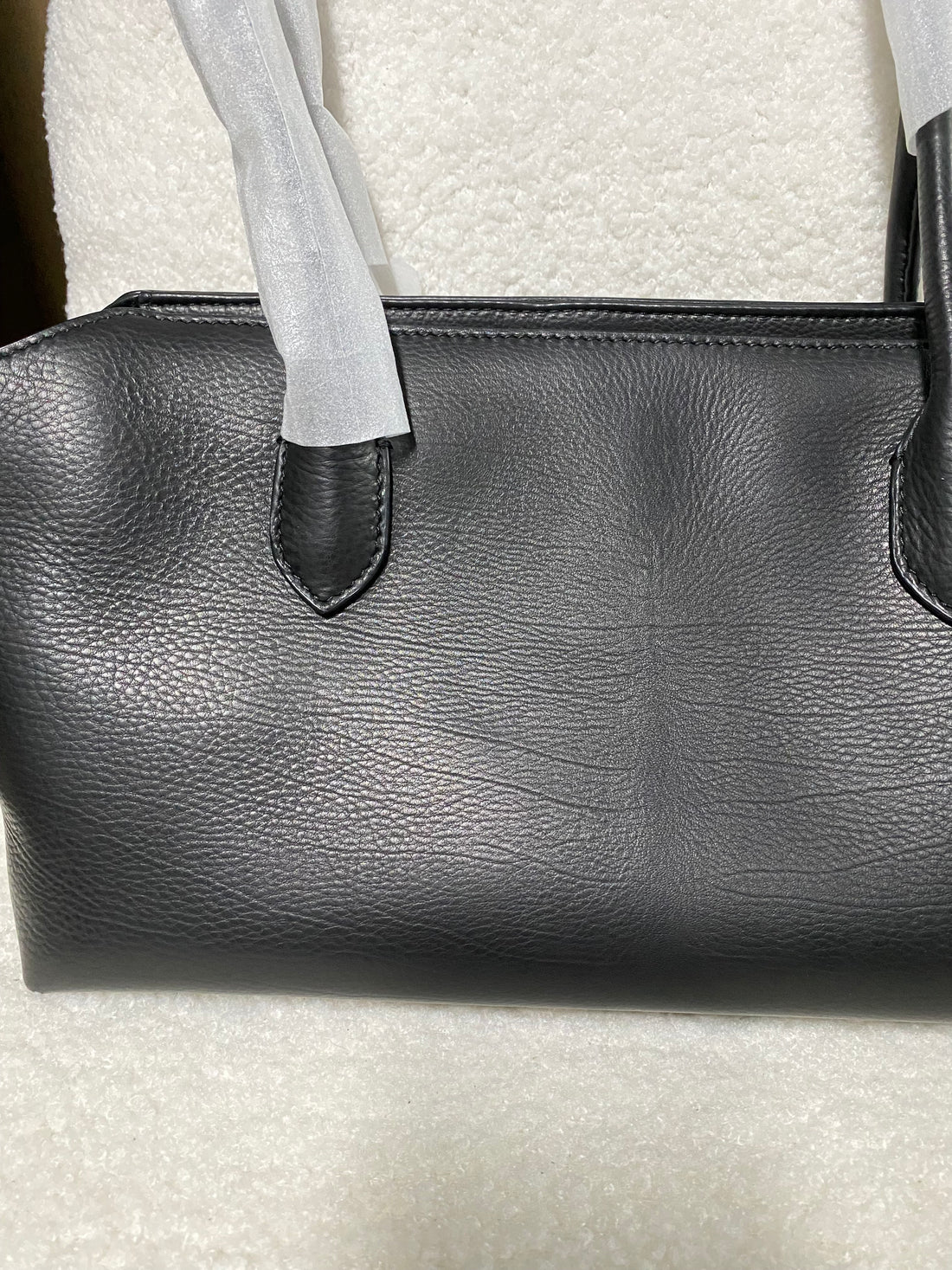 Black calfskin shoulder tote back view with double handles