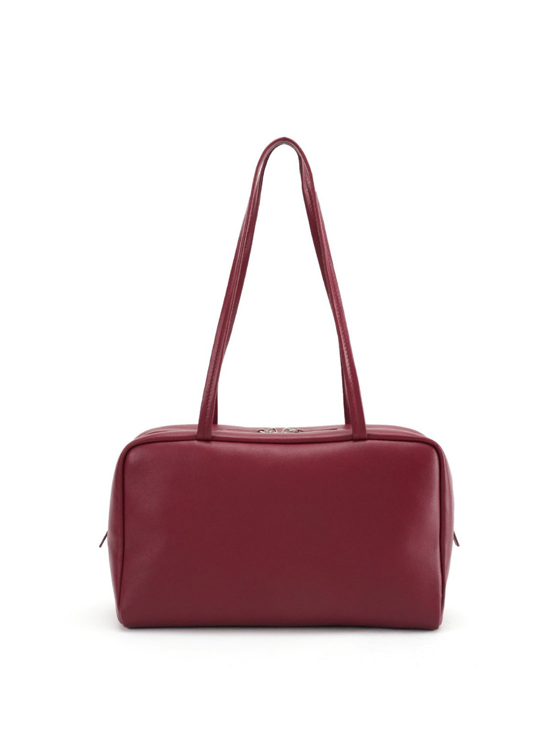 Logo-free lambskin bowling shoulder bag — burgundy front view on white