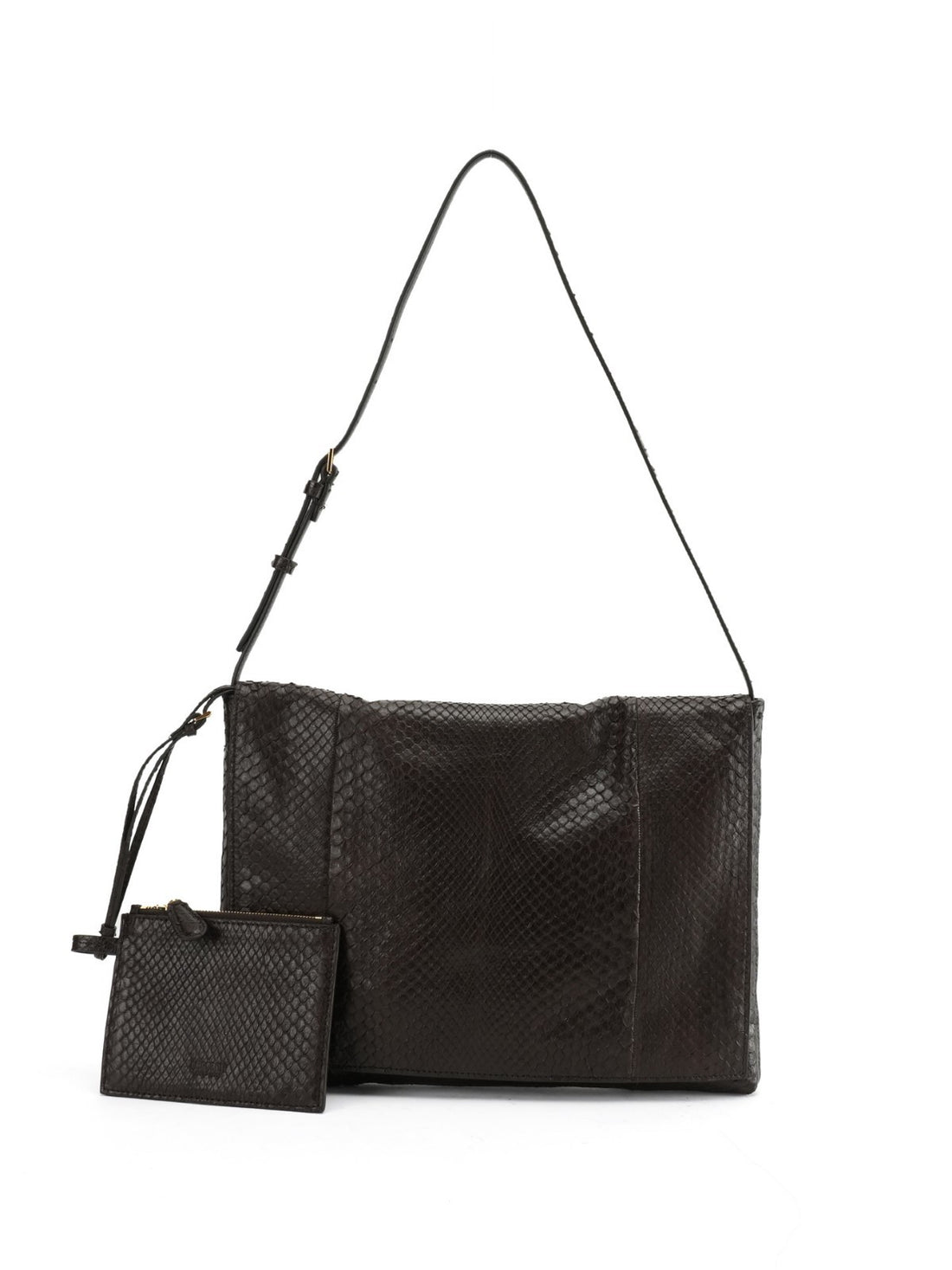 Brown genuine python leather shoulder bag — front view with detachable pouch