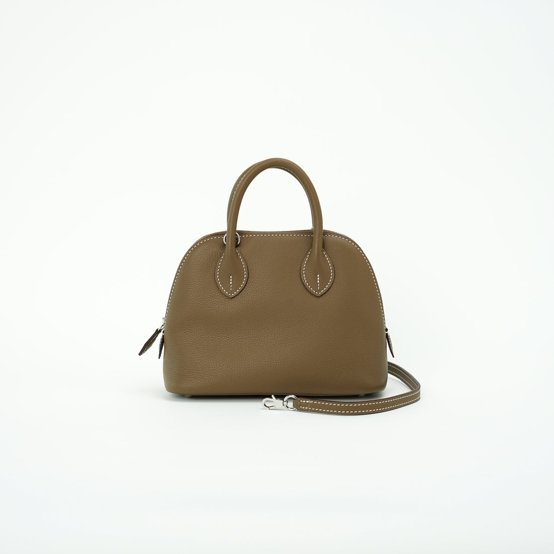 Taupe brown top-grain leather dome handbag with removable crossbody strap