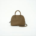 Taupe brown top-grain leather dome handbag with removable crossbody strap