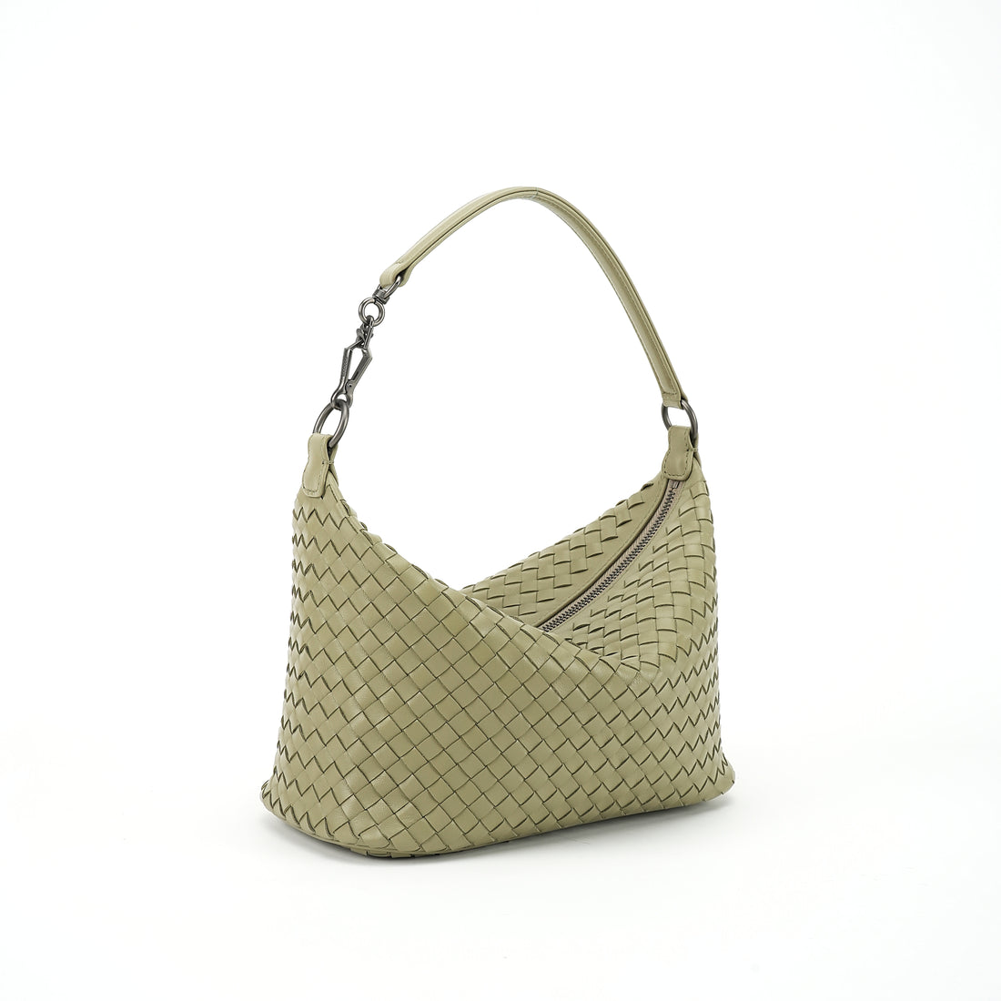 Logo-free handwoven lambskin shoulder bag — butter cream three-quarter front view