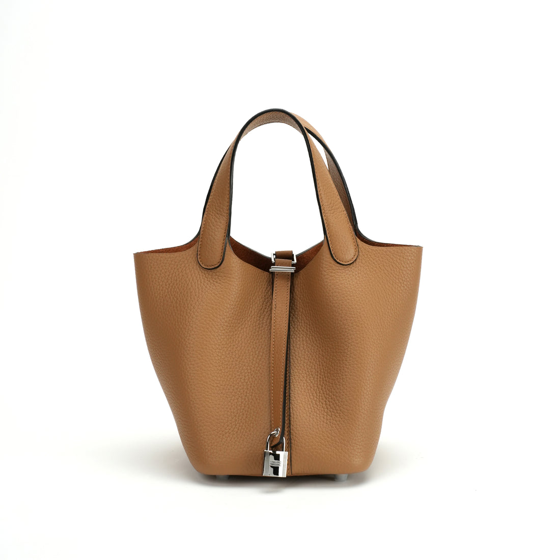 Logo-free vegetable-tanned cowhide bucket bag — tan front view with silver lock