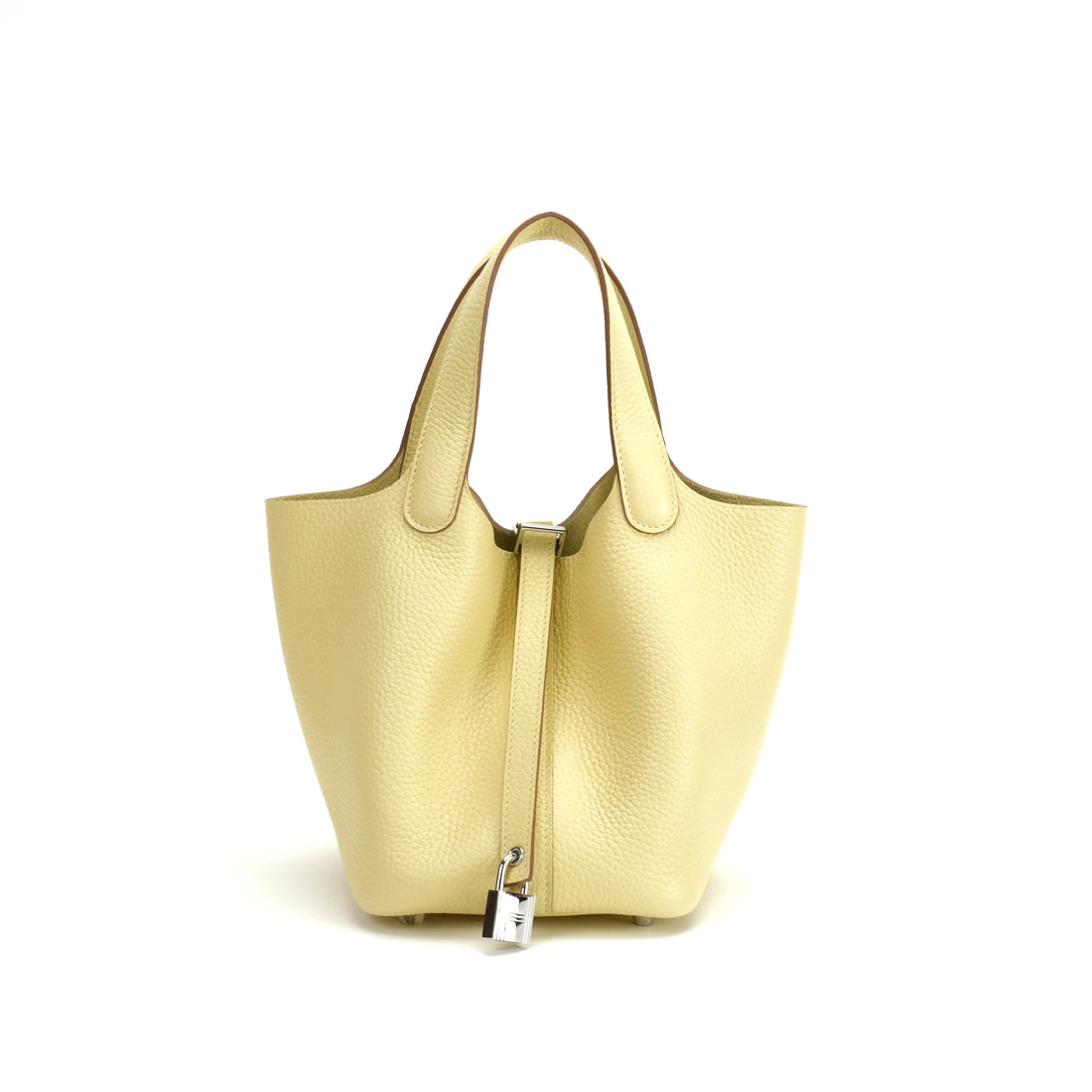 Logo-free vegetable-tanned cowhide bucket bag — yellow front view