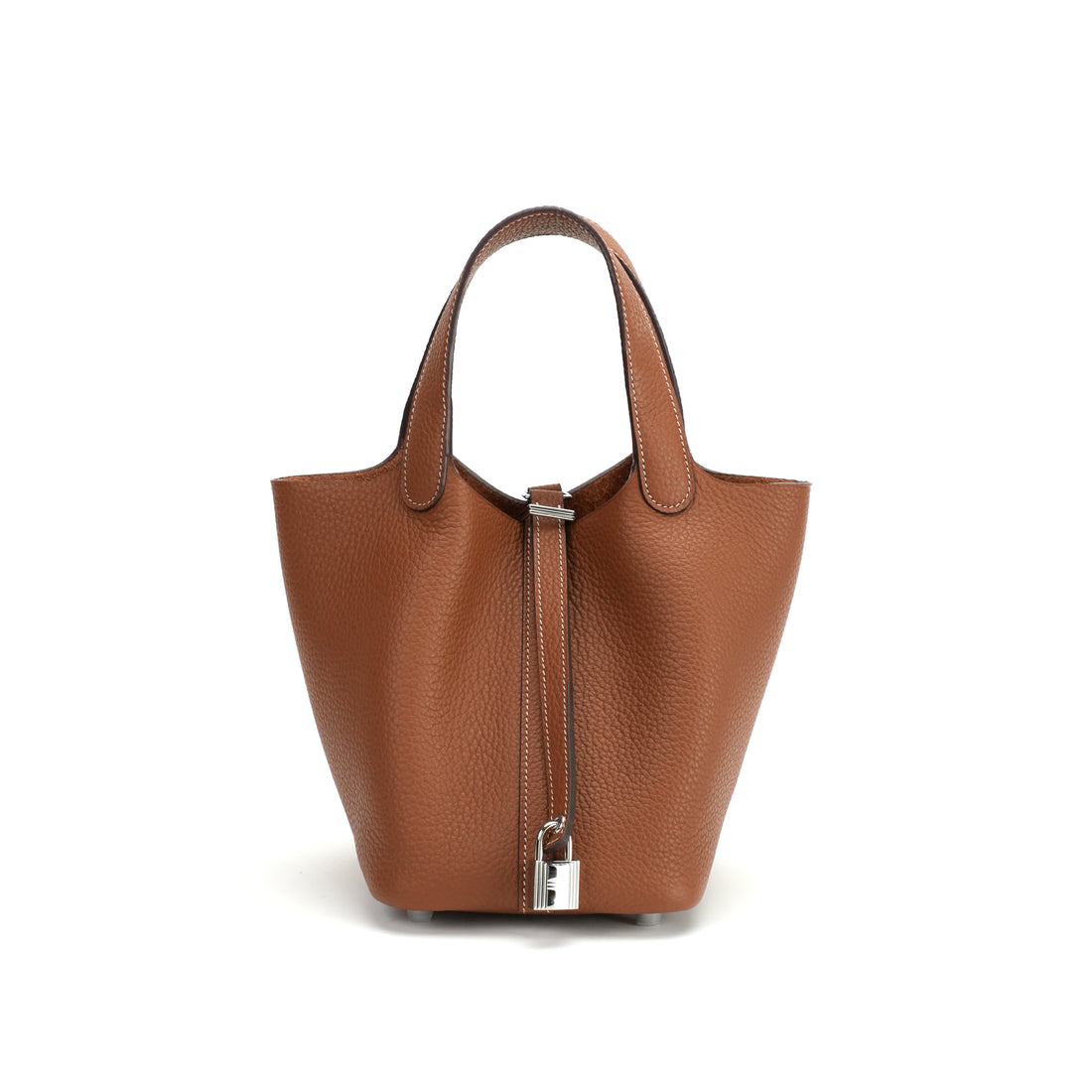 Logo-free vegetable-tanned cowhide bucket bag — cognac front view