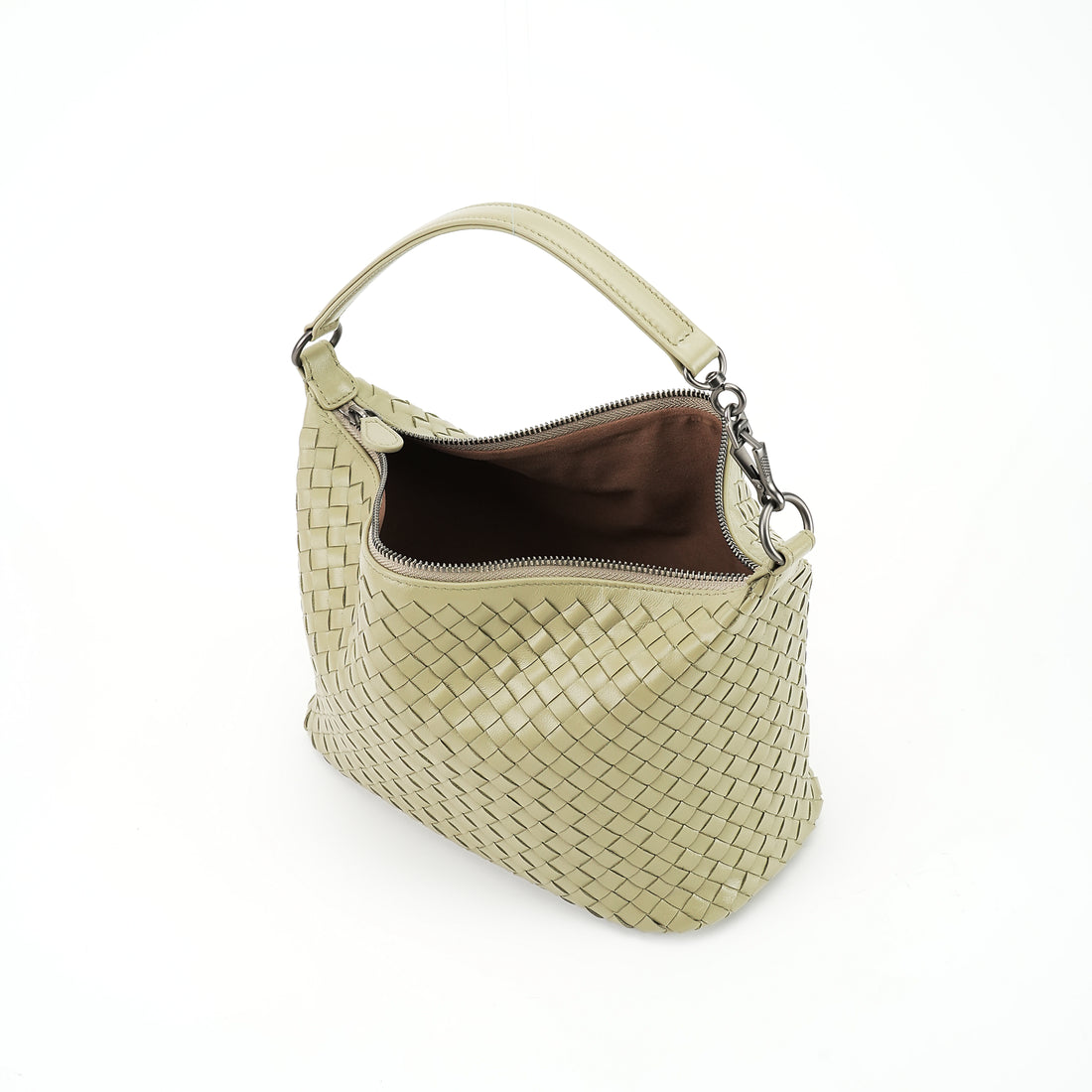 Logo-free handwoven lambskin shoulder bag — butter cream open interior