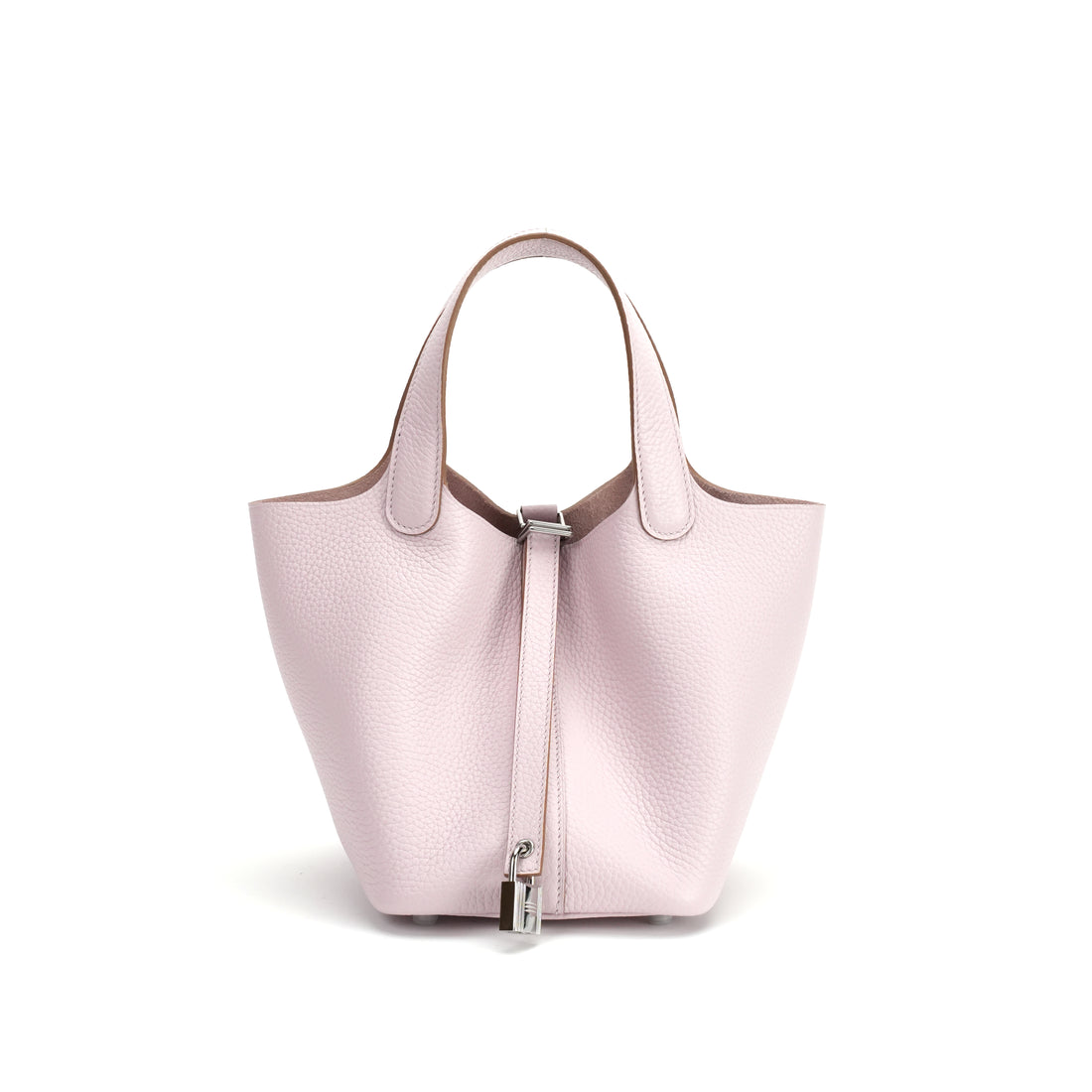 Logo-free vegetable-tanned cowhide bucket bag — pale pink front view