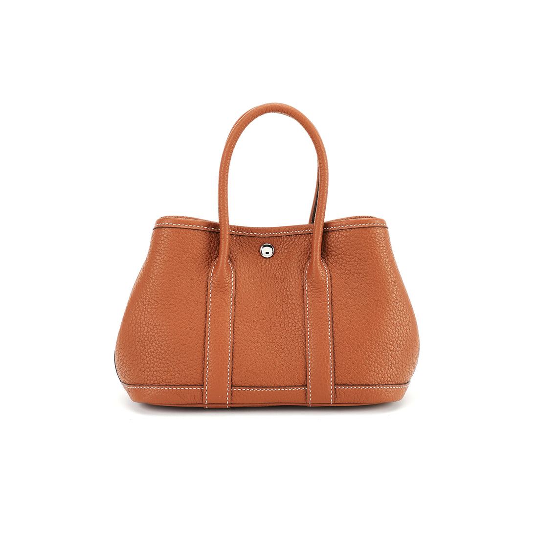 Cognac pebbled top-grain leather snap tote front view