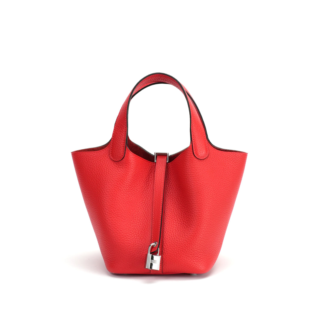 Logo-free vegetable-tanned cowhide bucket bag — red front view