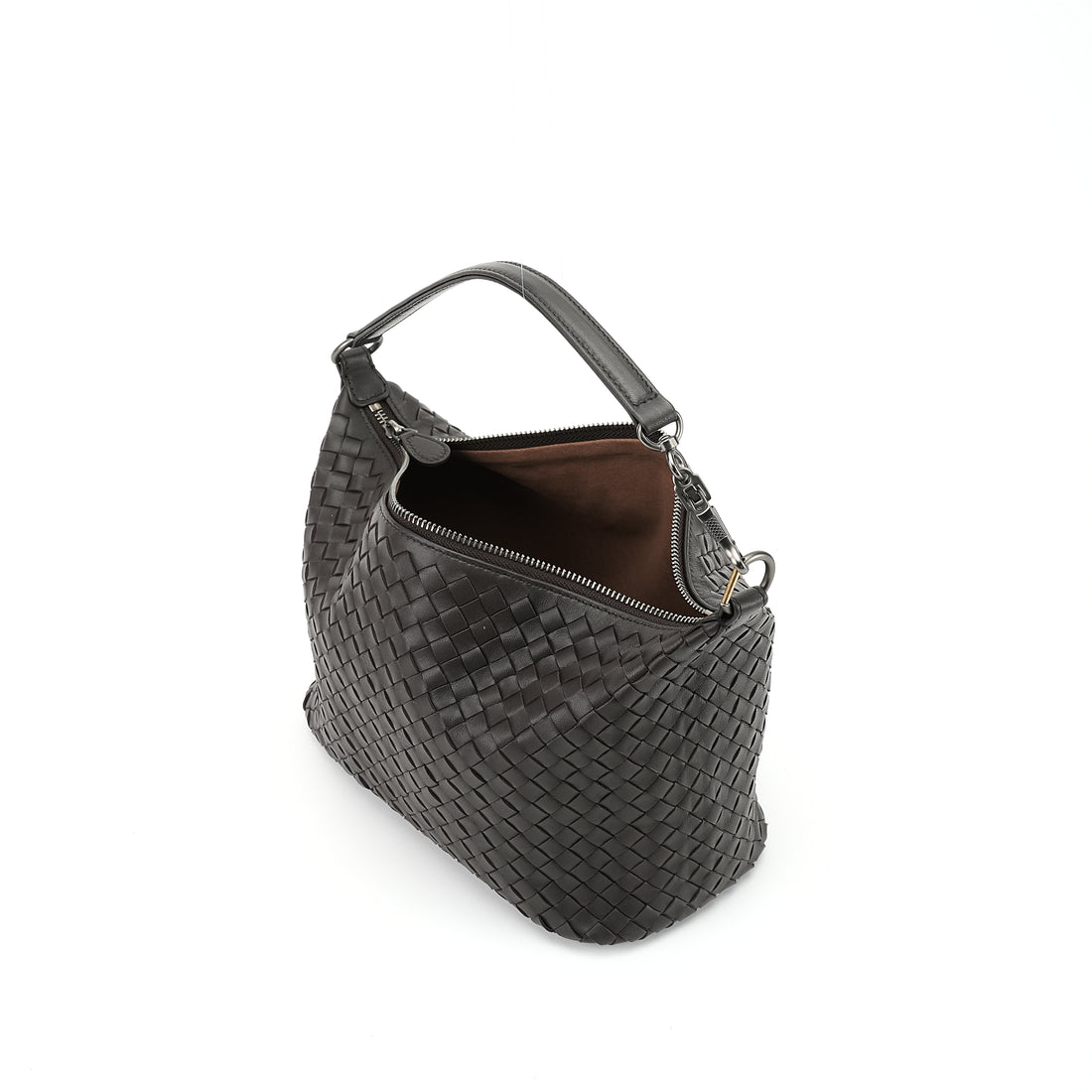 Logo-free handwoven lambskin shoulder bag — black open interior