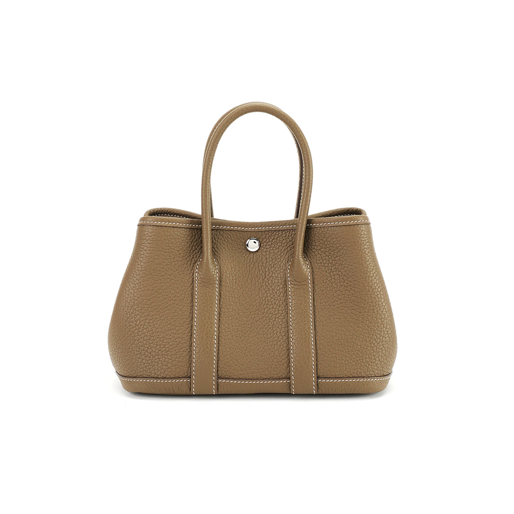 Taupe brown pebbled top-grain leather snap tote front view