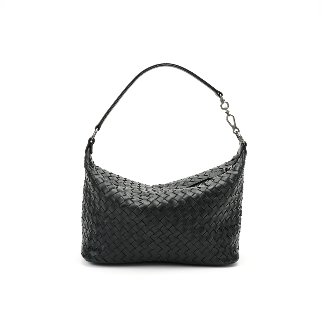 Logo-free handwoven lambskin shoulder bag — black front view