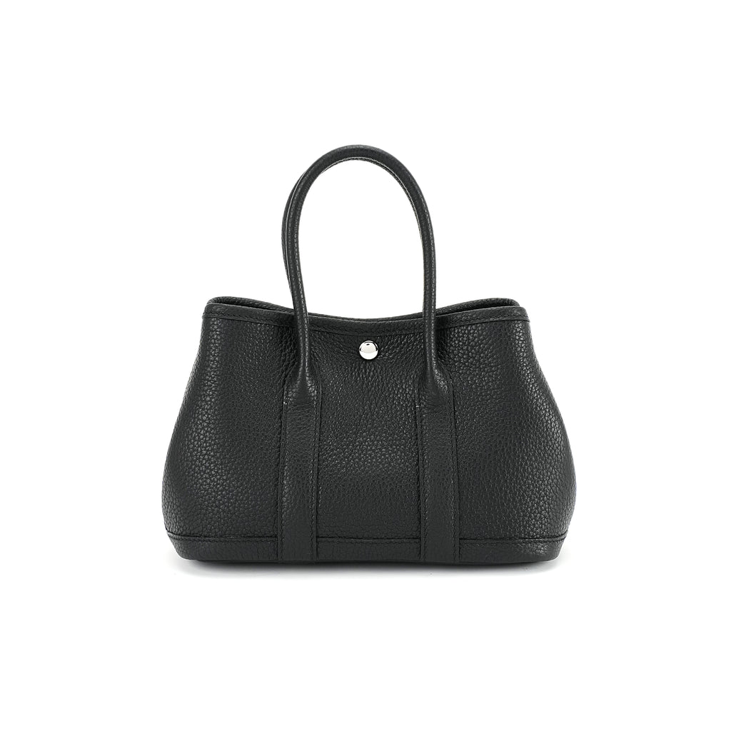 Black pebbled top-grain leather snap tote front view