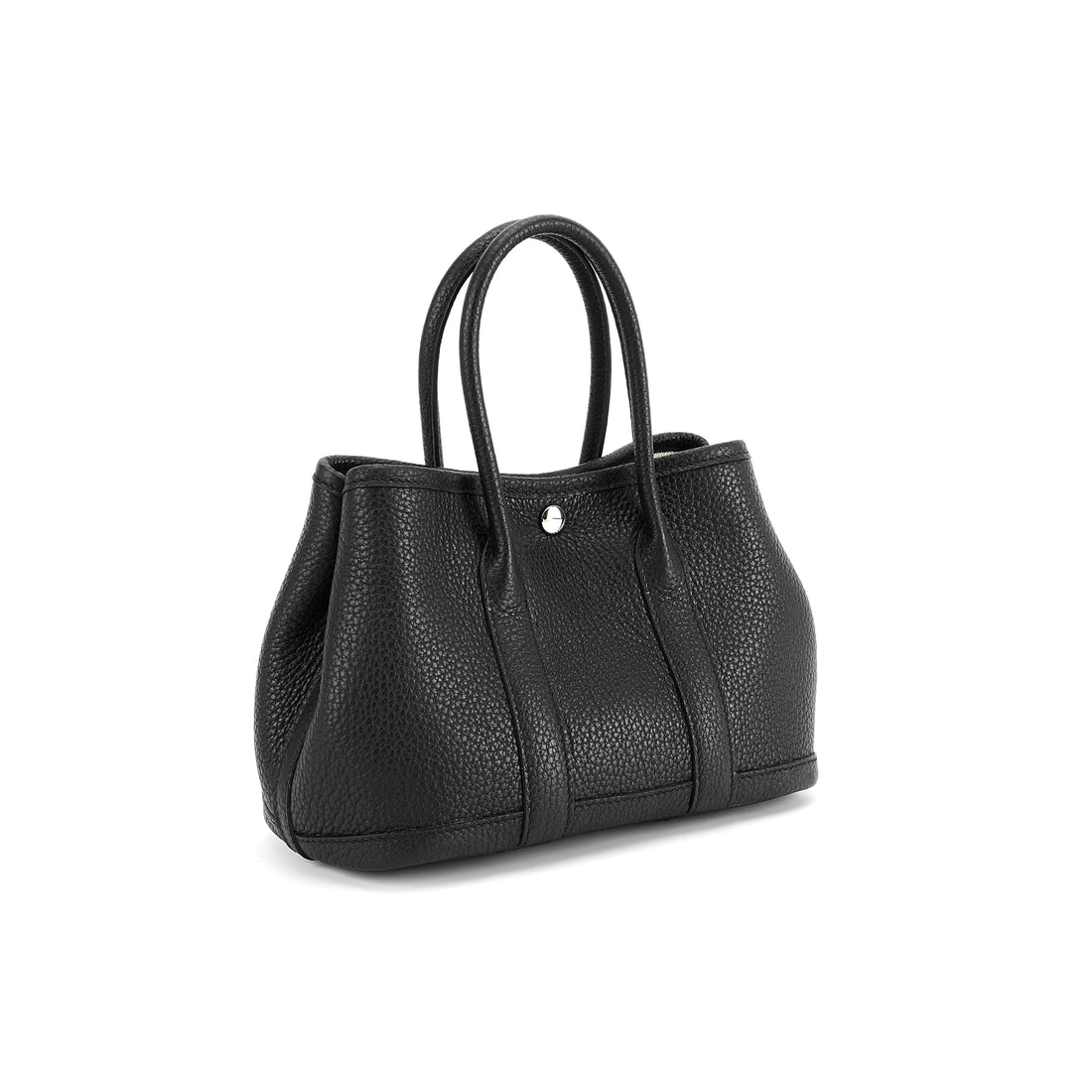 Black wide-top leather tote three-quarter view