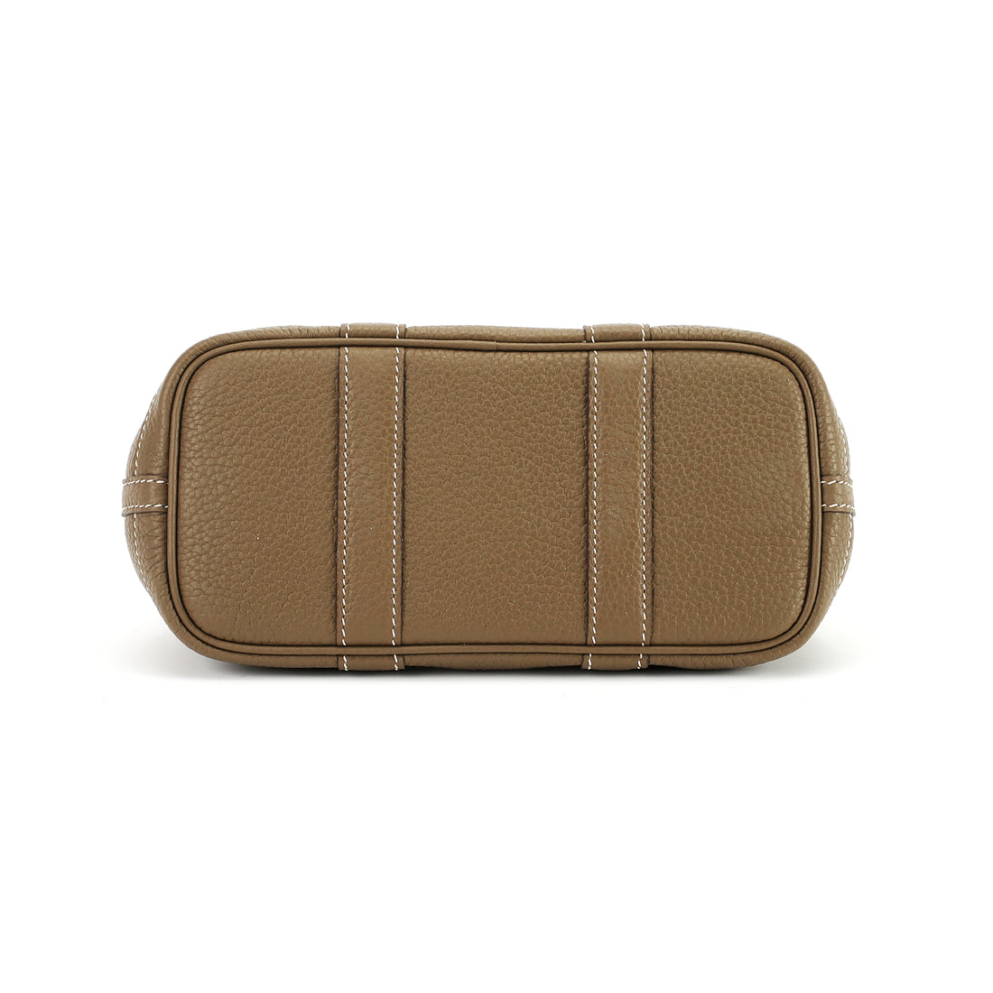 Flat reinforced base of taupe brown leather snap tote