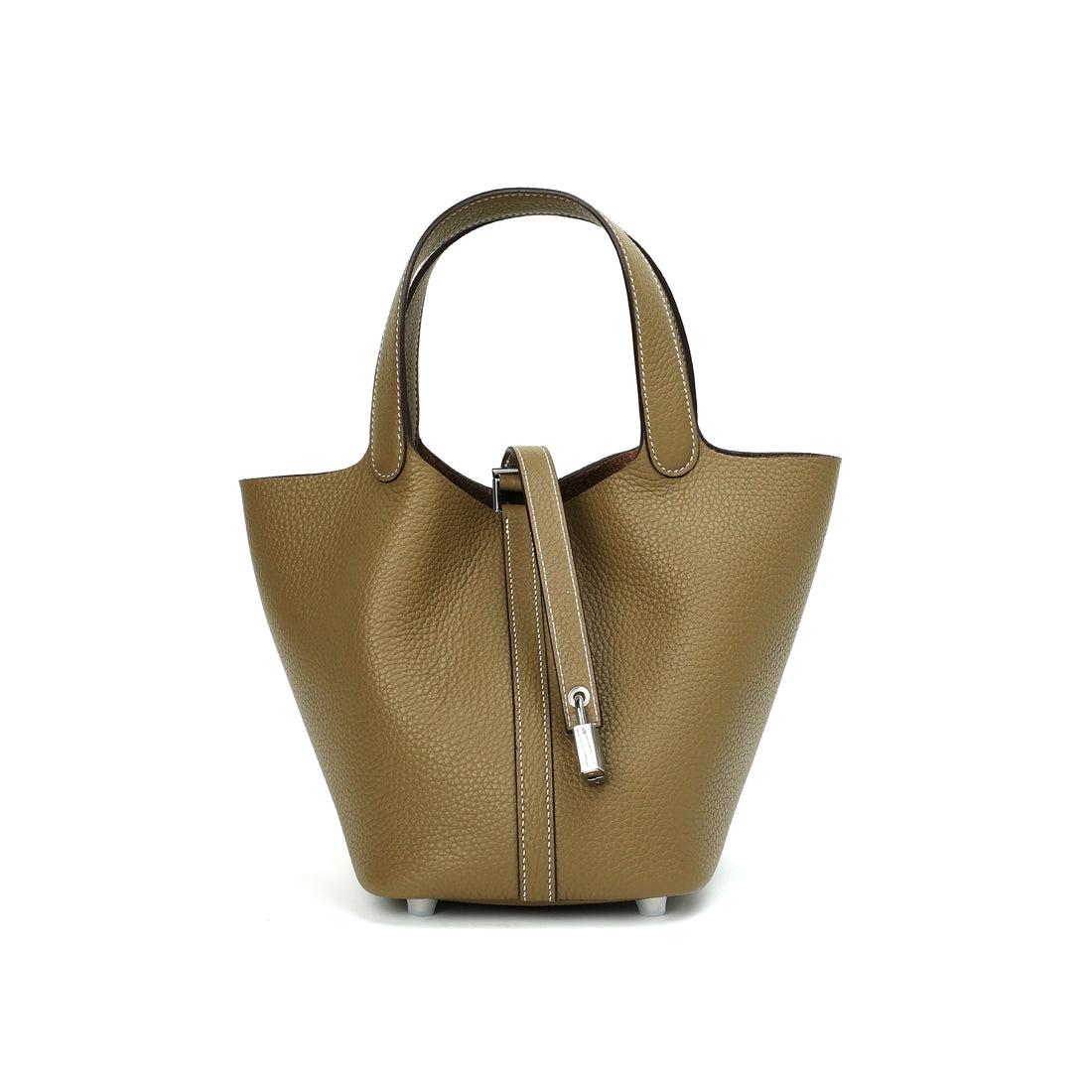 Logo-free vegetable-tanned cowhide bucket bag — olive green front view