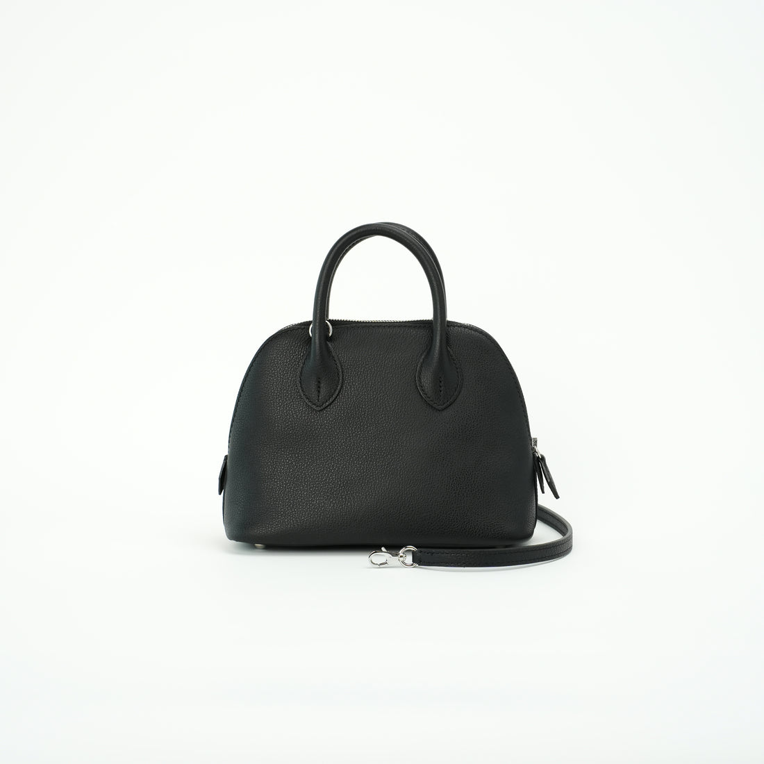 Black top-grain leather dome handbag with crossbody strap