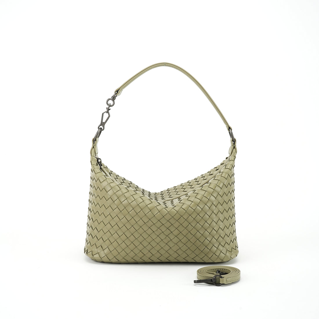 Logo-free handwoven lambskin shoulder bag — butter cream front view with detachable strap