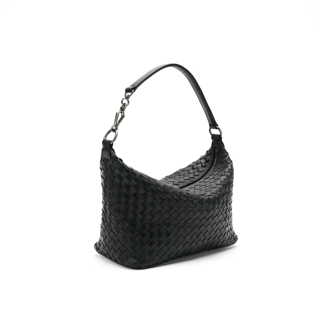 Logo-free handwoven lambskin shoulder bag — black three-quarter front view