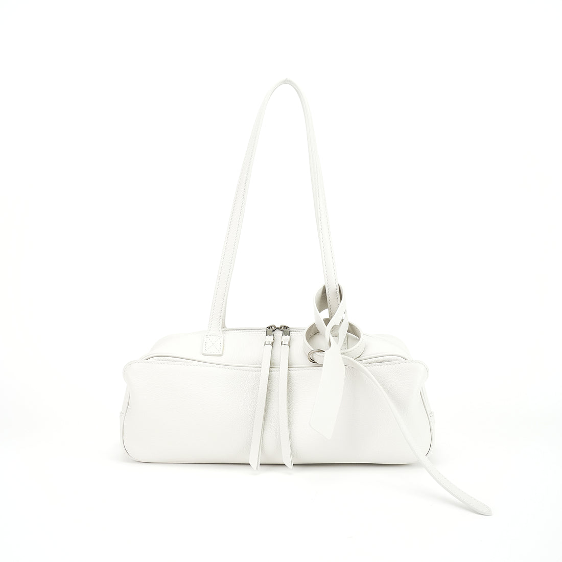 Logo-free cowhide bowling shoulder bag — white front view