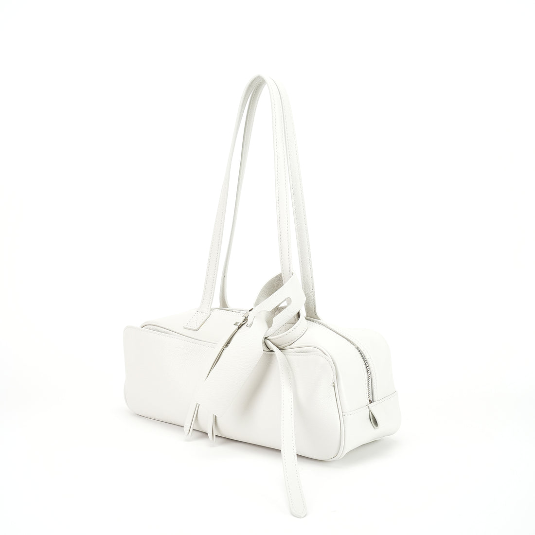 Logo-free cowhide bowling shoulder bag — white three-quarter front view
