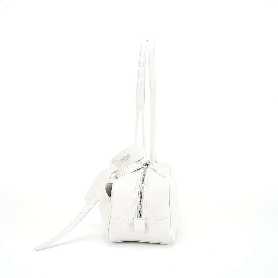 Logo-free cowhide bowling shoulder bag — white side profile