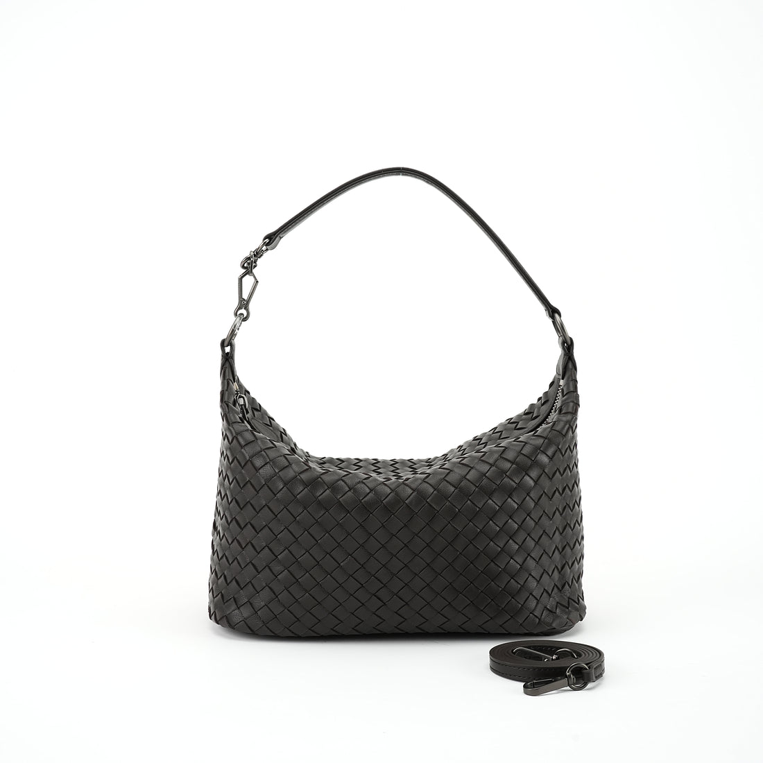 Logo-free handwoven lambskin shoulder bag — black front view with detachable strap