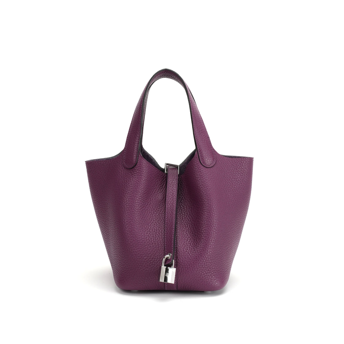 Logo-free vegetable-tanned cowhide bucket bag — purple front view