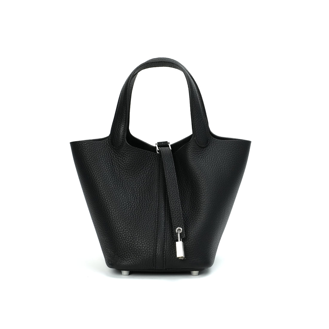 Logo-free vegetable-tanned cowhide bucket bag — black front view