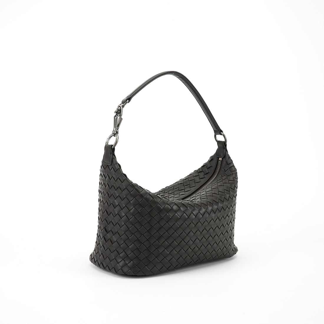 Logo-free handwoven lambskin shoulder bag — black three-quarter front view