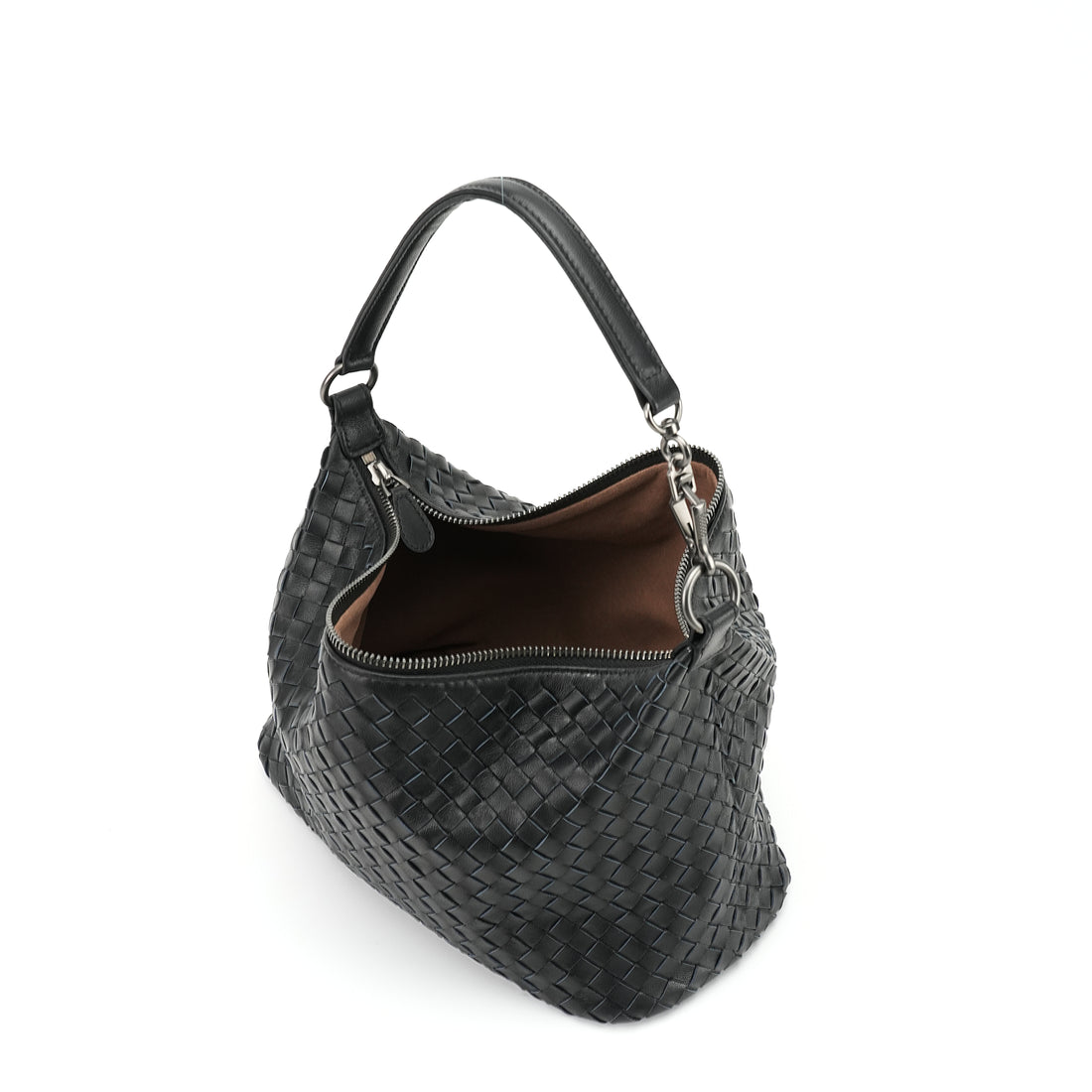 Logo-free handwoven lambskin shoulder bag — black open interior