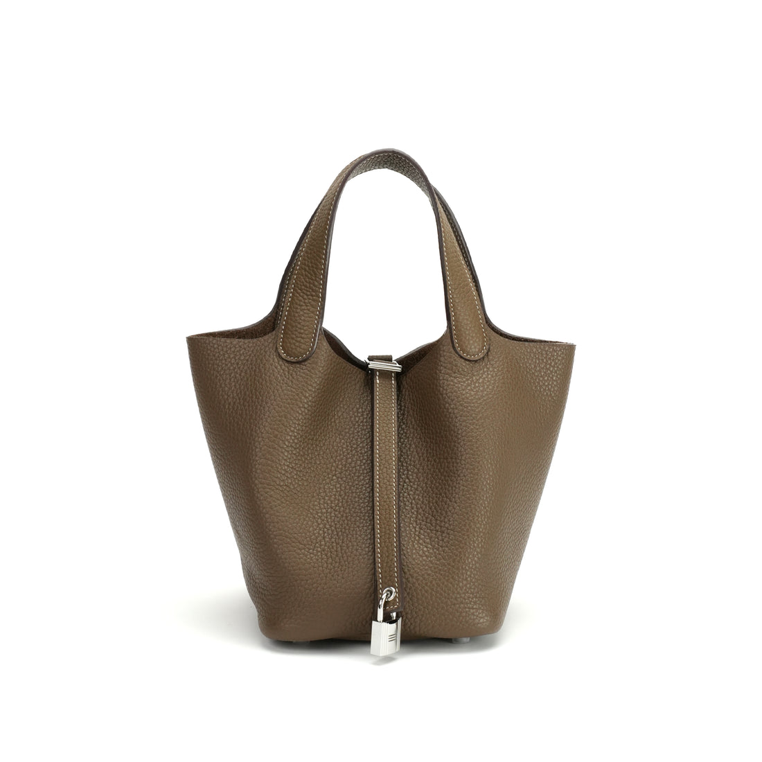 Logo-free vegetable-tanned cowhide bucket bag — taupe front view