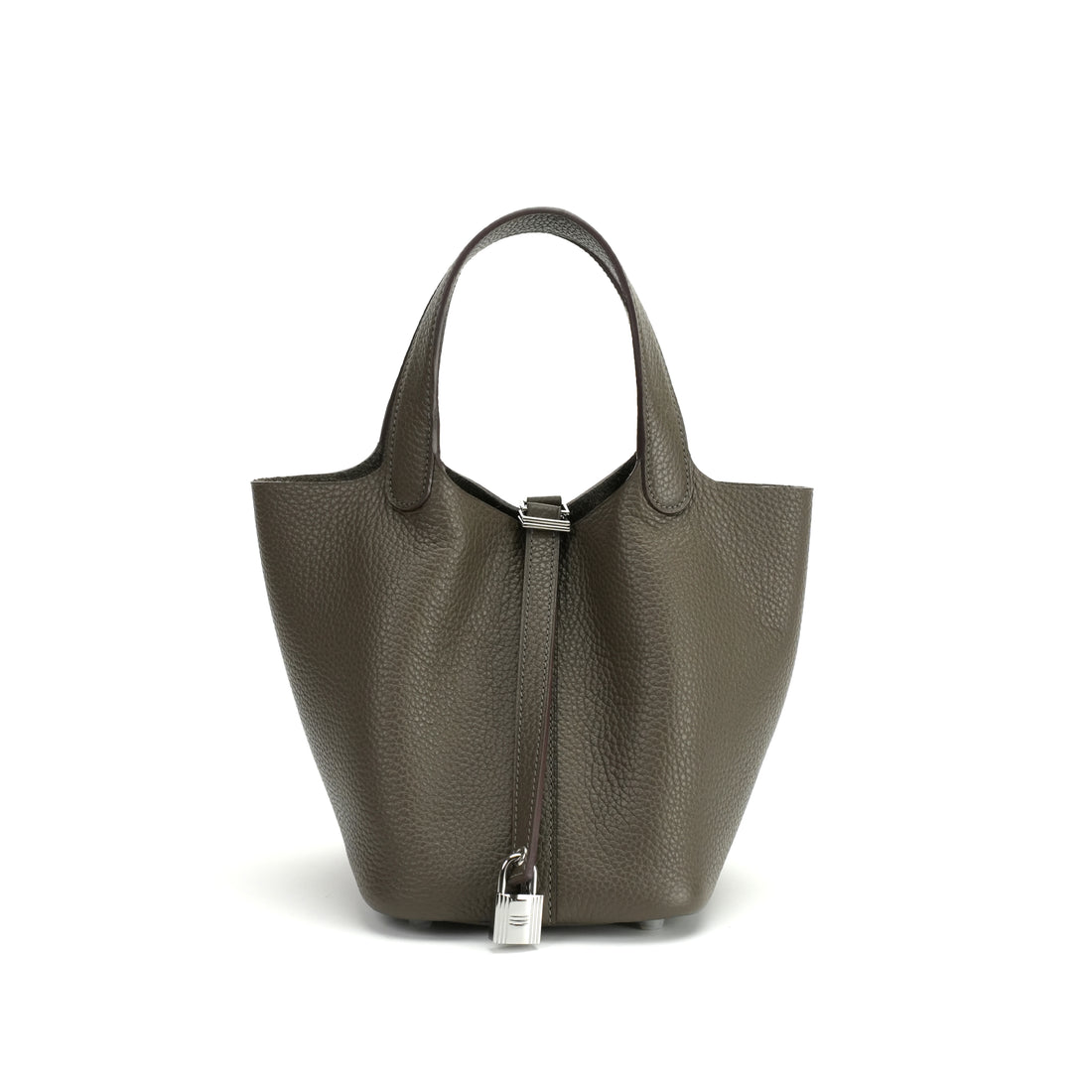 Logo-free vegetable-tanned cowhide bucket bag — dark brown front view