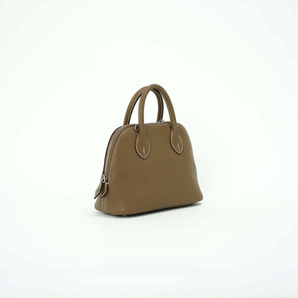 Taupe brown top-grain leather dome bag three-quarter view