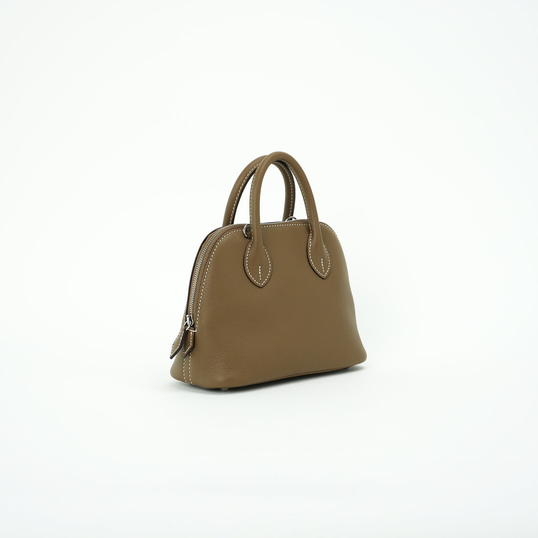 Taupe brown top-grain leather dome bag three-quarter view