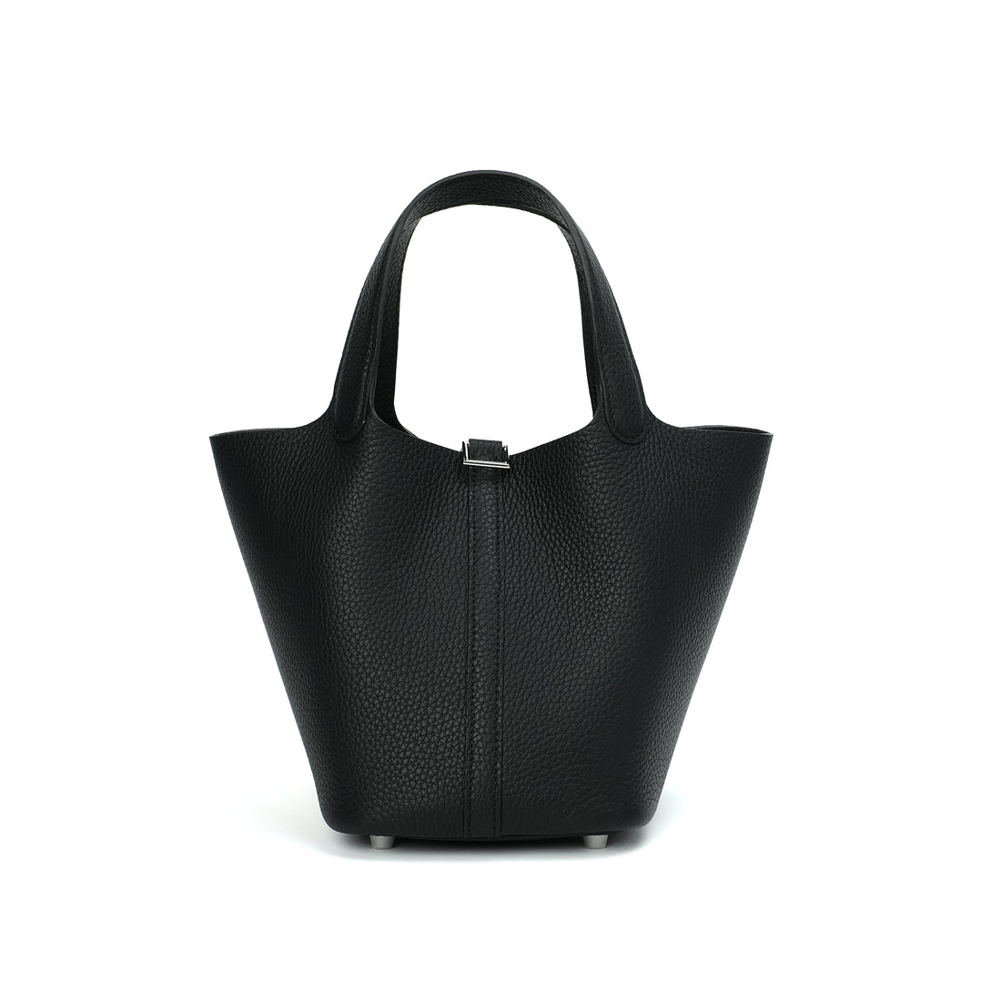 Logo-free vegetable-tanned cowhide bucket bag — black front view