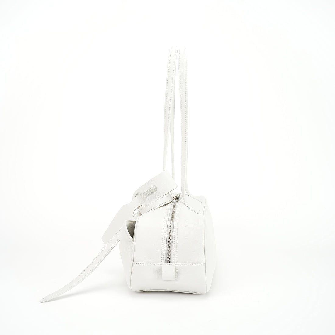 Logo-free cowhide bowling shoulder bag — white side profile