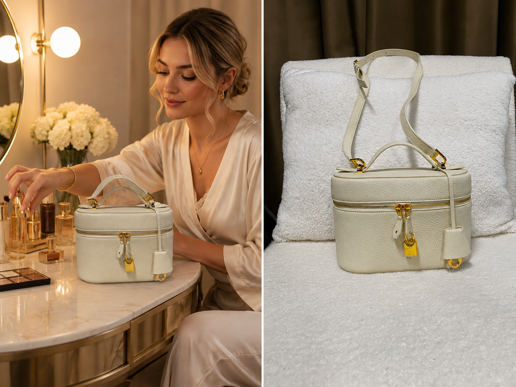 Woman using a cream pebbled leather vanity case crossbody bag