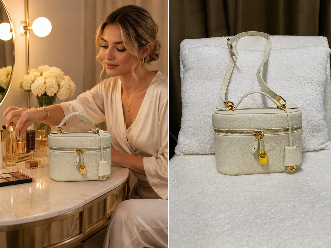 Woman using a cream pebbled leather vanity case crossbody bag