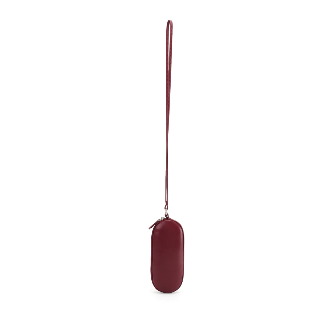 Logo-free cowhide glasses wallet with long strap — burgundy back view