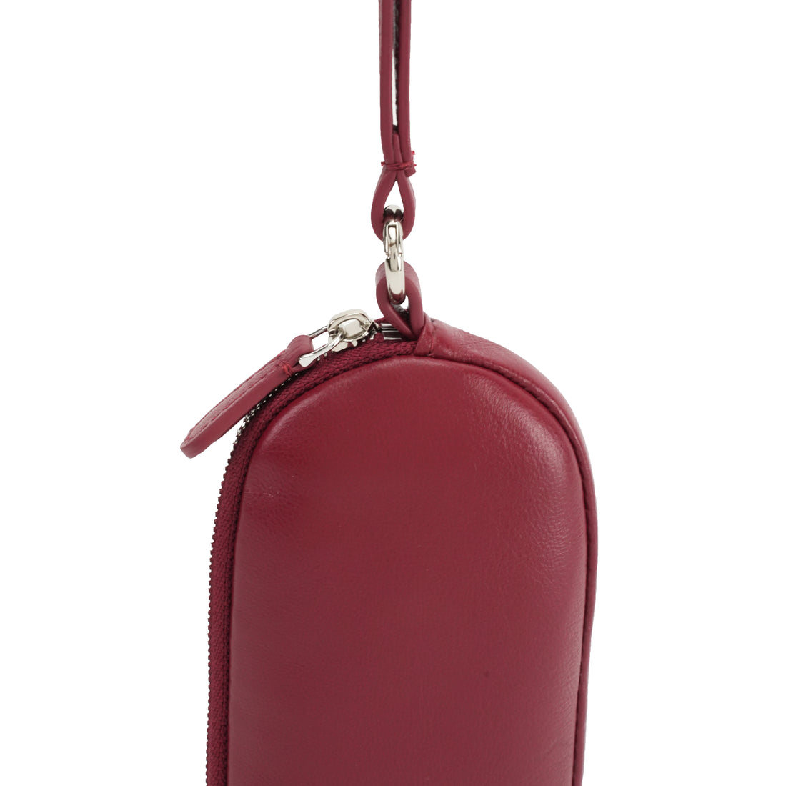 Logo-free cowhide glasses wallet with long strap — burgundy cowhide and zipper close-up