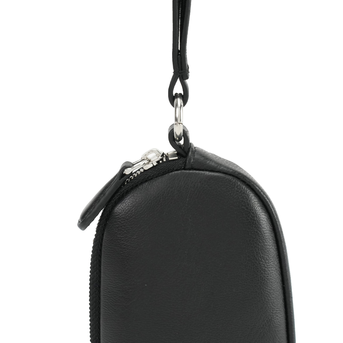 Logo-free cowhide glasses wallet with long strap — black cowhide texture close-up