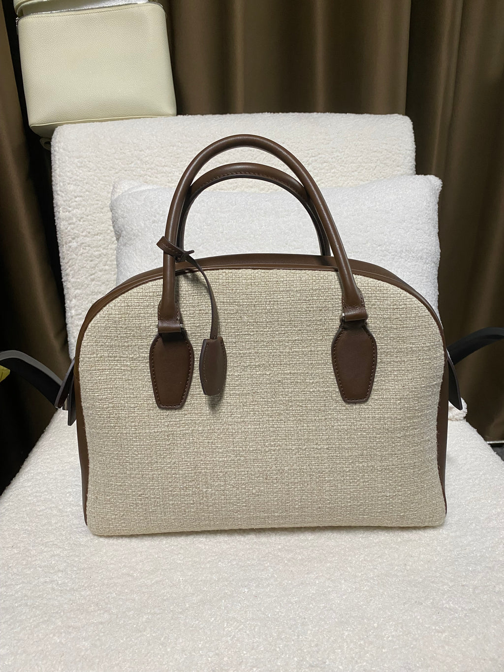 Premium Linen & Calf Leather Top Handle Bag