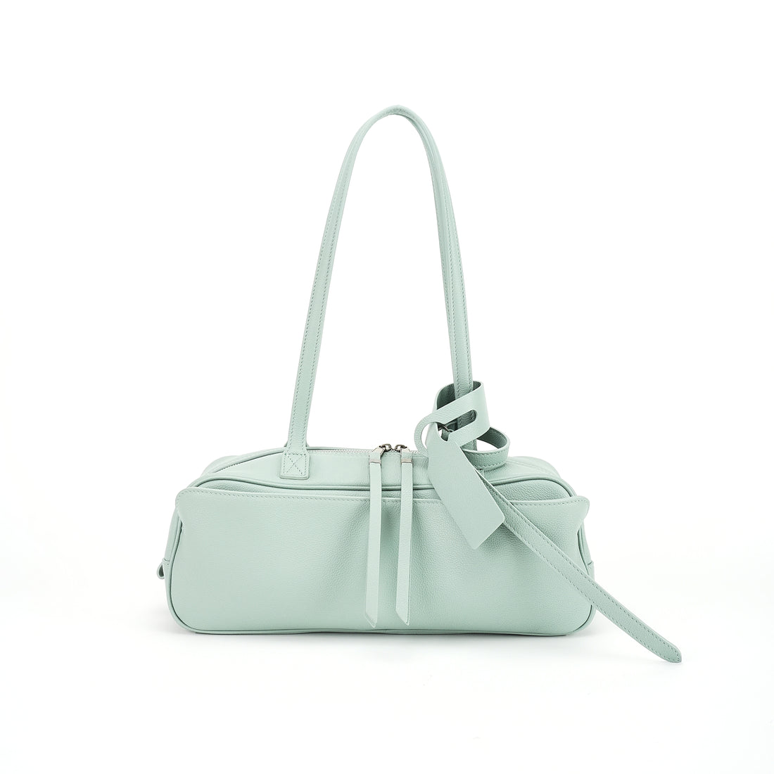 Logo-free cowhide bowling shoulder bag — mint green three-quarter front view